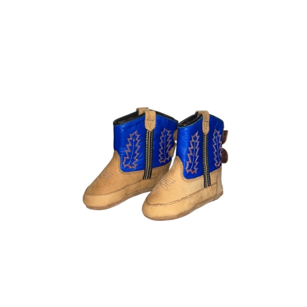 Old West Blue and Tan Leather Cowboy Boots - Baby Size 3